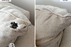 Animal Damaged Fabric Sofa repair stitch tear fabric restoration patch dog cat bite tear chunk missing upholstery