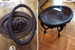 Antique Oval Round Crafted curved wooden side end table peeling flaking repair refinishing stain frame glass top